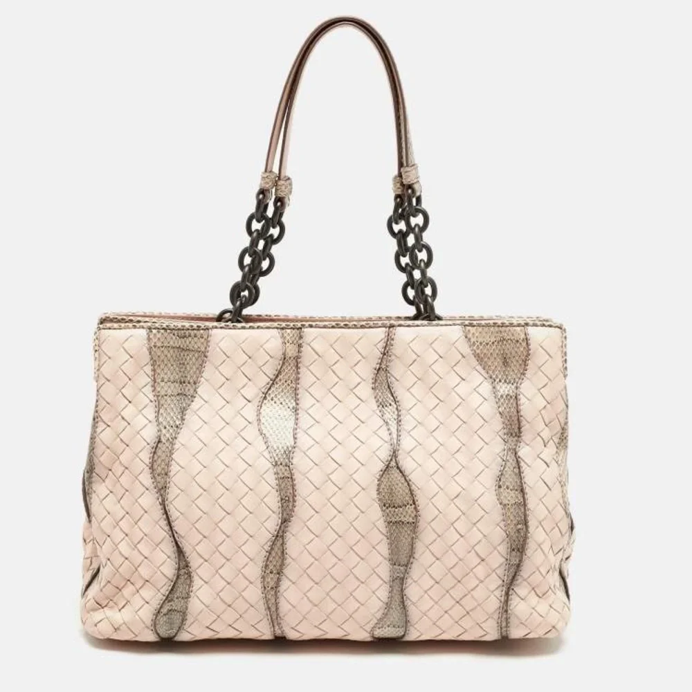 ❤️Authentic Bottega Veneta Salmon/Beige Intrecciato Leather and Snakeskin Tote❤️ - Picture 6 of 12